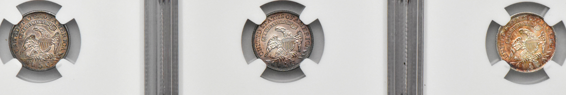 1829 AU-55, 1829 LM-16.2 UNC details/cleaned, and an 1830 LM-4.1 UNC details/artificial toning, all NGC 