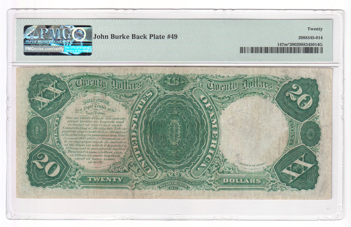 1880 $20 Star John Burk back plate #49 Fr# 147m* - PMG VF-20