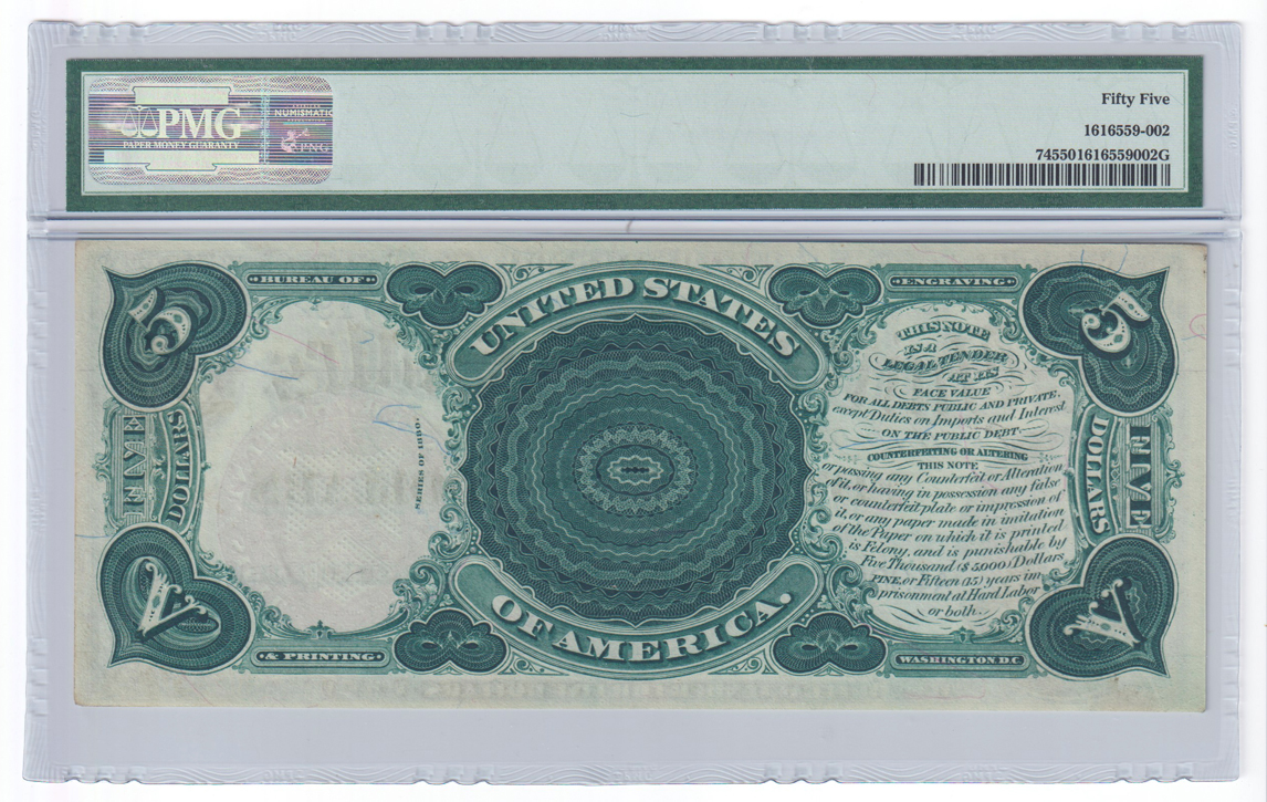1880 $5 Woodchopper Fr# 74 - PMG AU-55