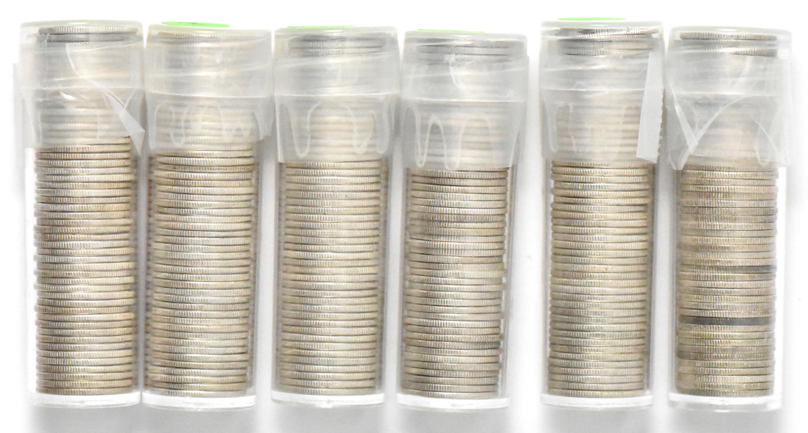 Six solid date rolls of Mercury dimes
