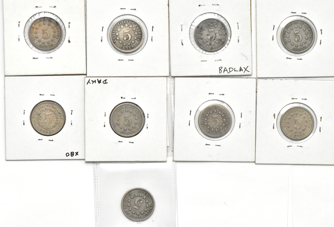 Group of nine Shield nickel varieties