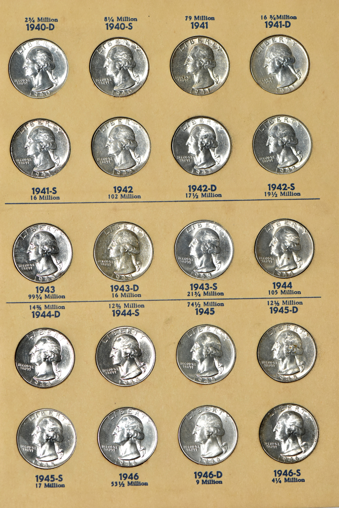 Collection of 76 different Washington quarters in a Library of Coin VOL. 15 album