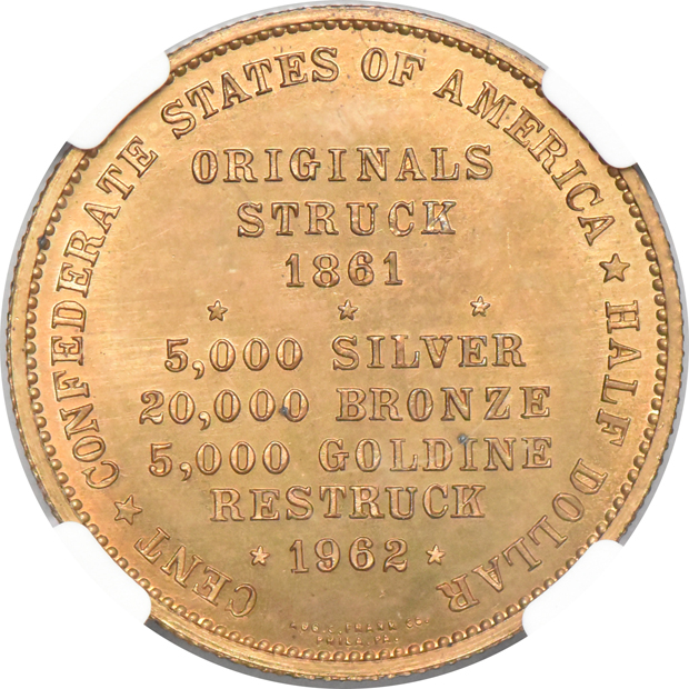 1962 CSA Goldine Bashlow half dollar restrike MS-67, and an 1862 CSA Bronze Bashlow half dollar restrike MS-65 RB, both NGC