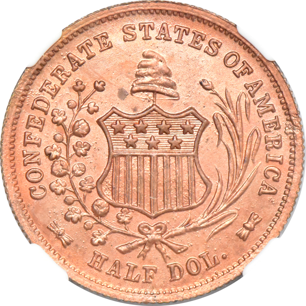 1962 CSA Goldine Bashlow half dollar restrike MS-67, and an 1862 CSA Bronze Bashlow half dollar restrike MS-65 RB, both NGC