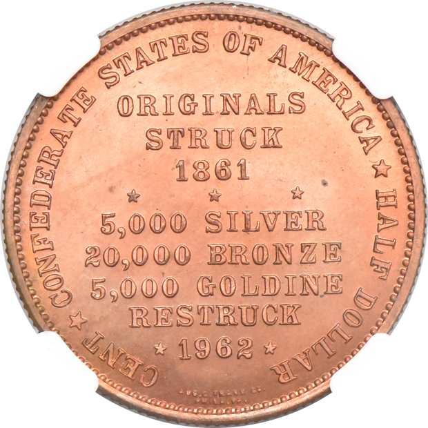 1962 CSA Goldine Bashlow half dollar restrike MS-67, and an 1862 CSA Bronze Bashlow half dollar restrike MS-65 RB, both NGC