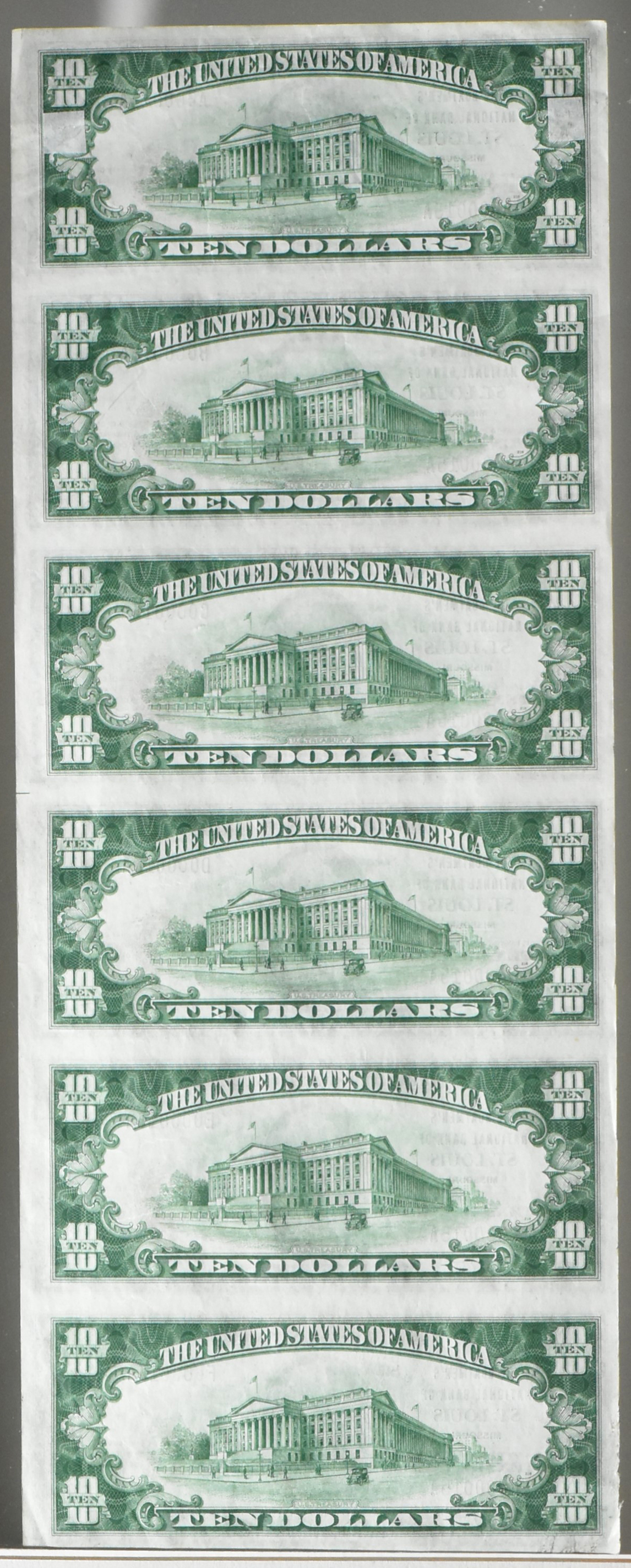 Uncut sheet of six 1929 $10 Type 1 - St. Louis, MO Charter #12916 in glass frame - AU