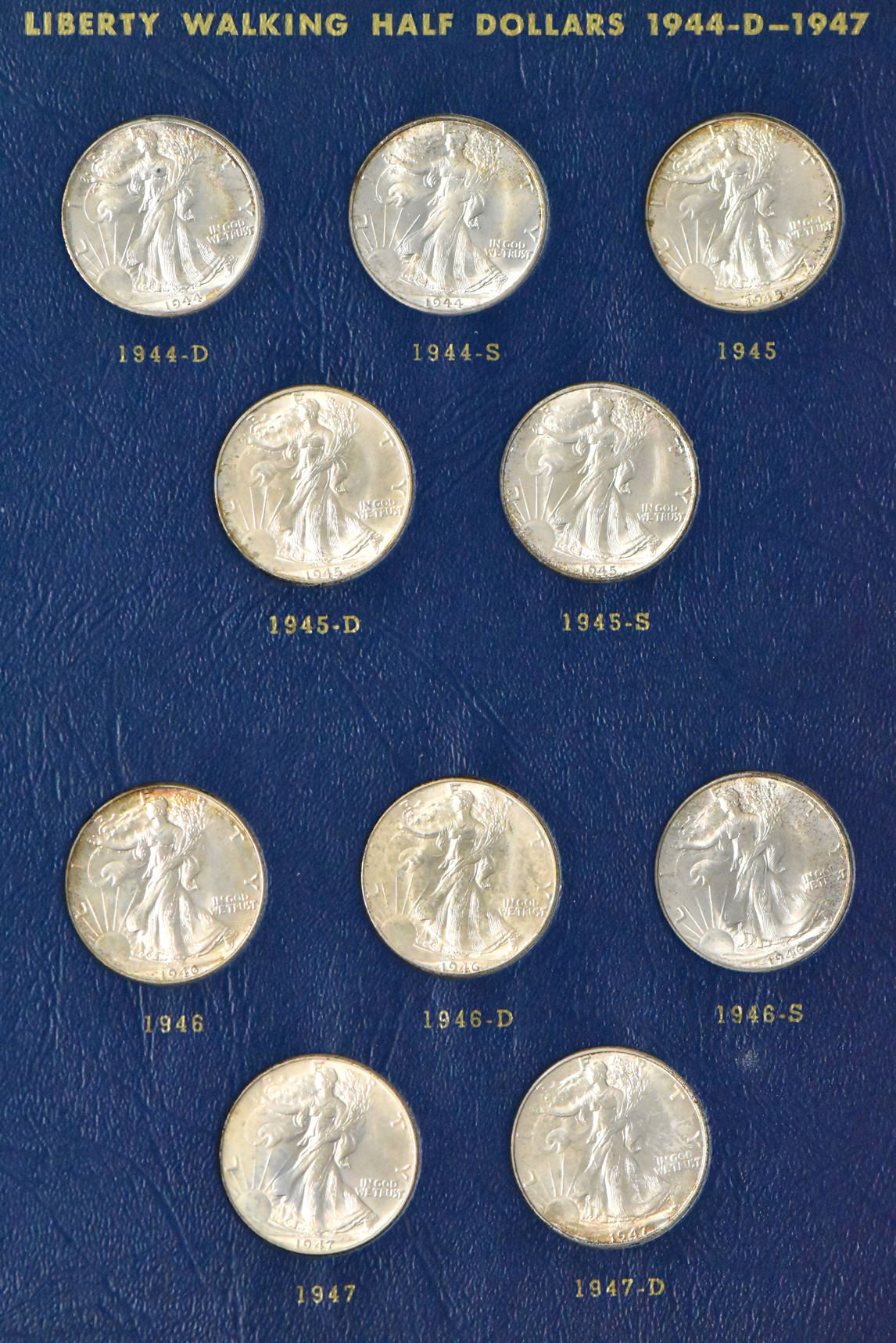 Collection of Walking Liberty half dollars, 1941 through 1947-D, in a Whitman 9424 album
