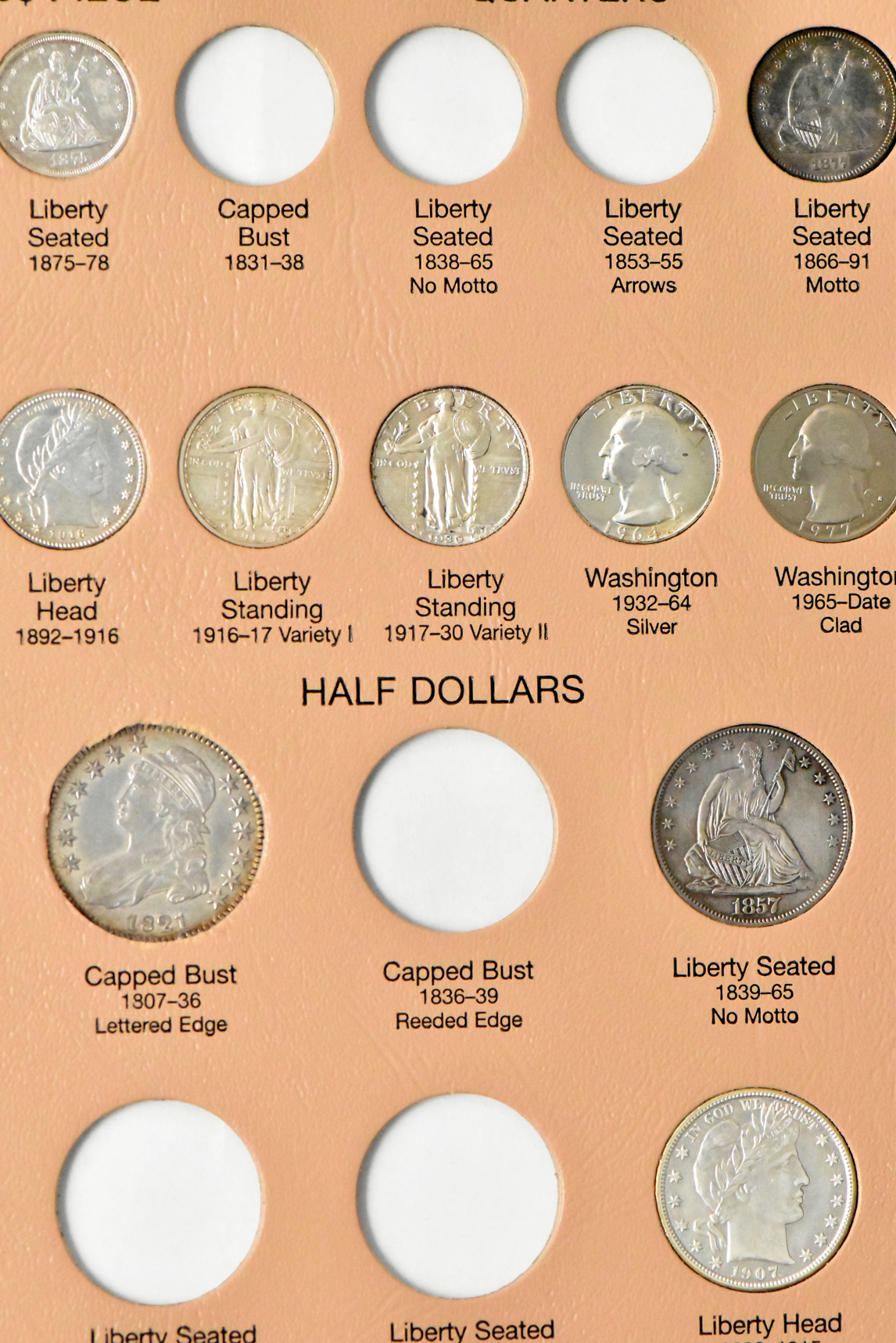 Collection of 57 different U.S. Type coins in a Dansco 7070 album