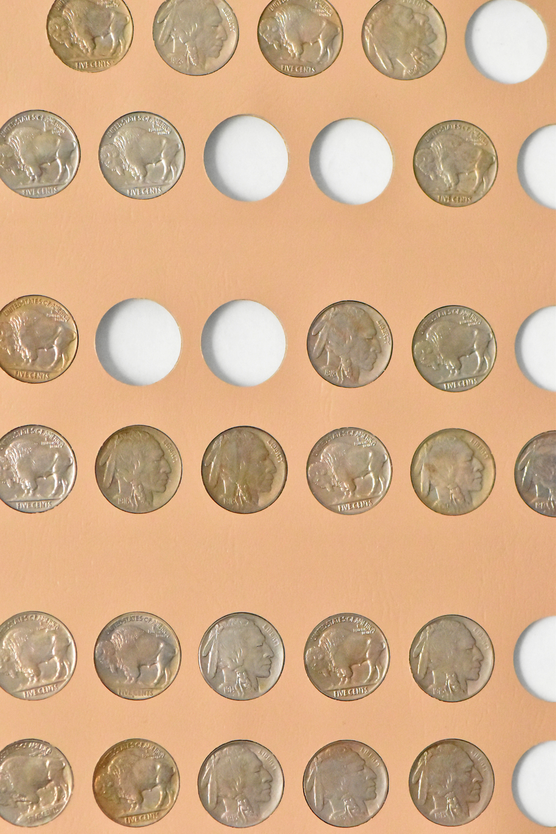 Collection of 53 different Buffalo nickels in a Dansco 7112 album