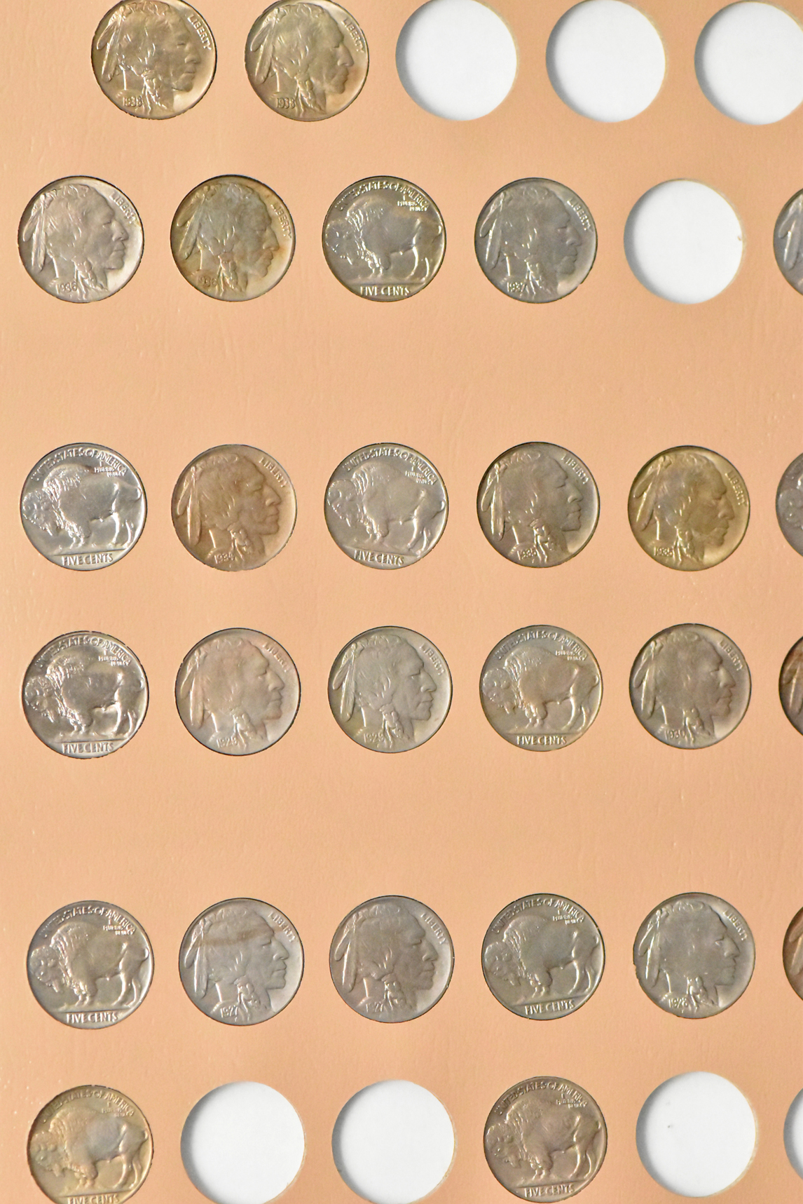 Collection of 53 different Buffalo nickels in a Dansco 7112 album
