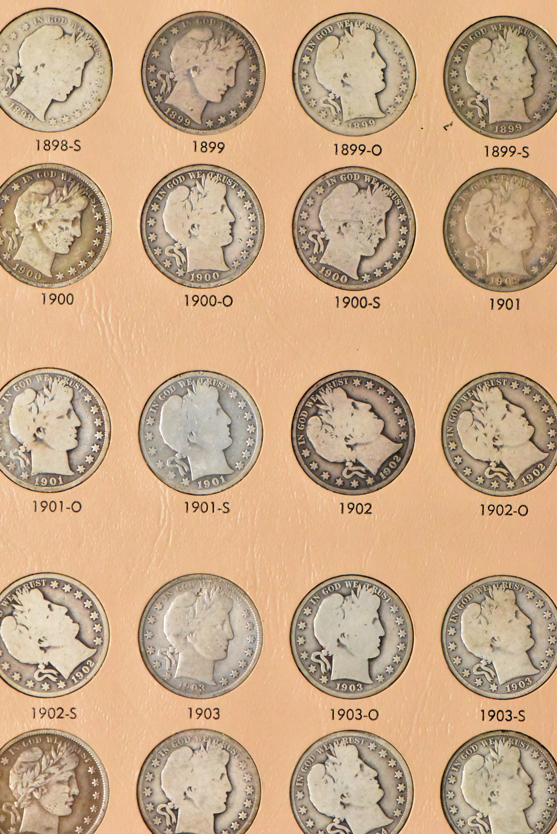 Collection of 73 different Barber halves in a complete Dansco 7150 album
