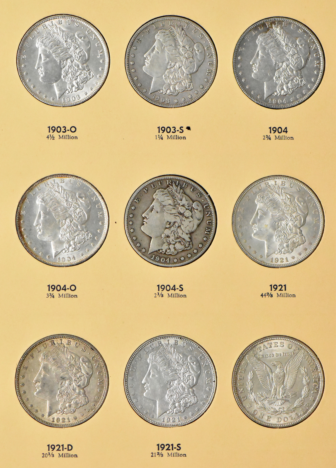 Collection of 27 Morgan dollars, 1897-O through 1921-S, plus an extra 1921, in a Library of Coin Vol. 25 album