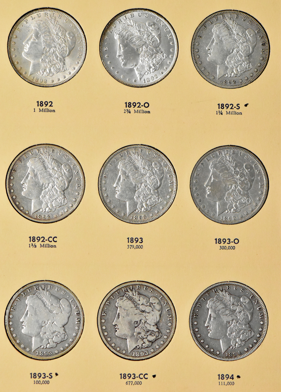 Collection of 36 Morgan dollars, 1887 through 1897, in a Library of Coins Vol. 24 album