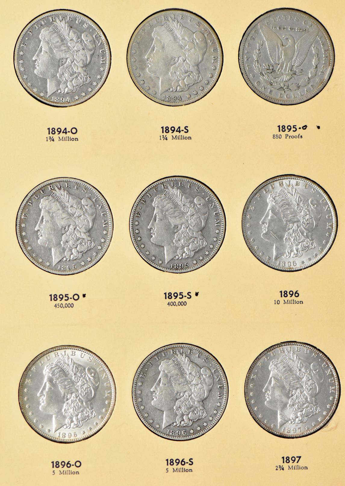 Collection of 36 Morgan dollars, 1887 through 1897, in a Library of Coins Vol. 24 album
