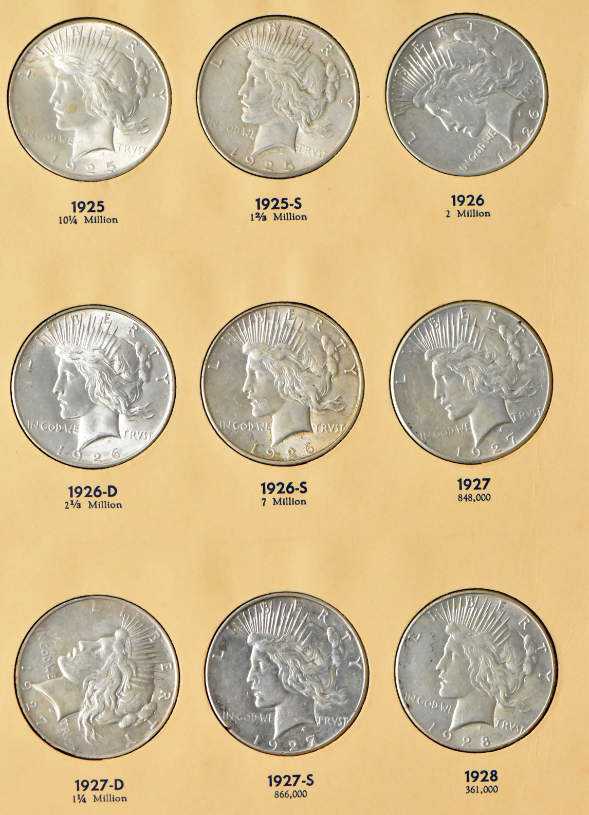Collection of 24 Peace dollars in a complete Library of Coins Vol. 26 album