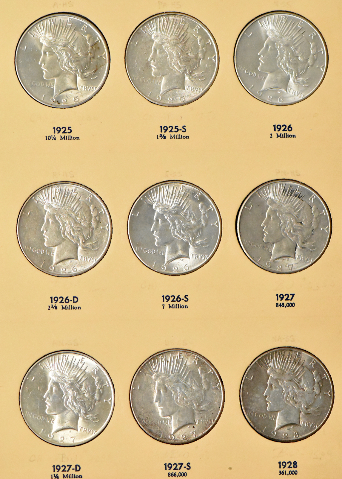 Collection of 24 Peace dollars in a complete Library of Coins Vol. 26 album