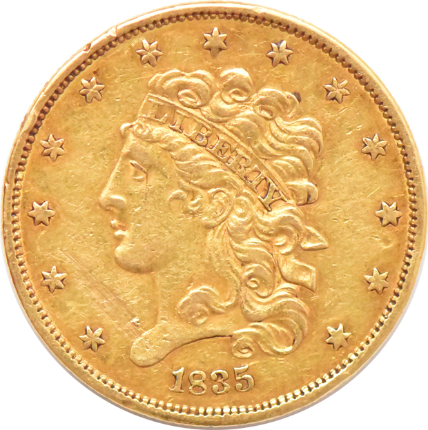 1834 Classic, Plain 4 AU details/scratched, and an 1835 AU details/damaged