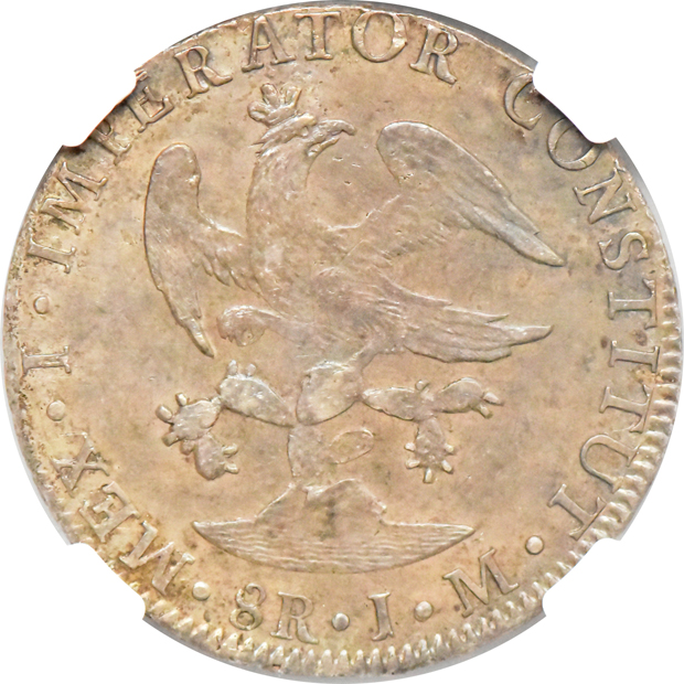 Mexico - 1823-Mo JM 8RJM below 8 reales - NGC AU-53/short uneven truncation
