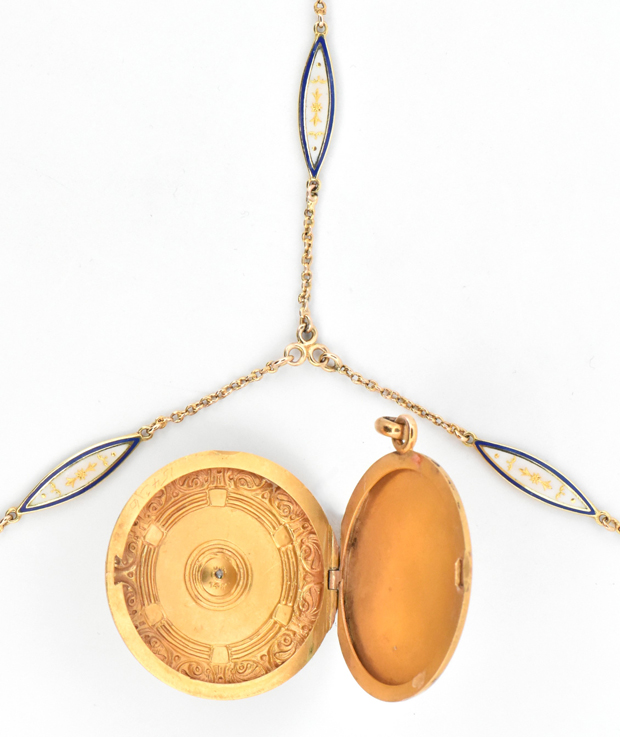 14K Yellow Gold Enamel Locket and Chain