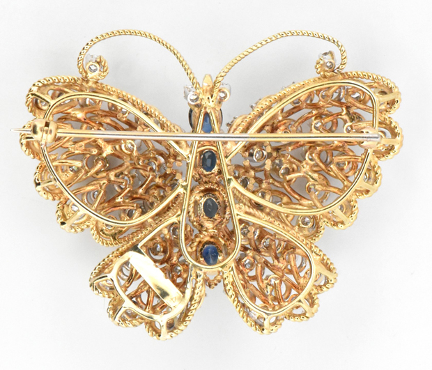 14K Yellow Gold Diamond and Sapphire Brooch