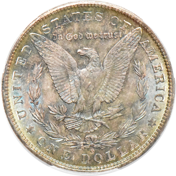 Seven Uncirulated toned Morgan silver dollar certified by PCGS