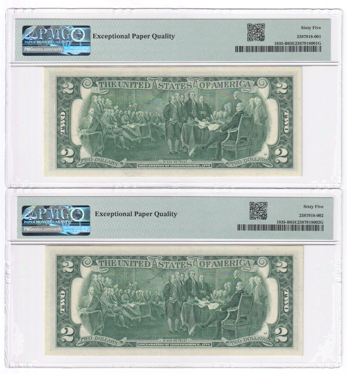 Error Currency - Two sequential 1976 $2 New York Federal Reserve Notes Fr# 1935-B Mismatched Prefix H/B - both PMG GemCU-65 EPQ