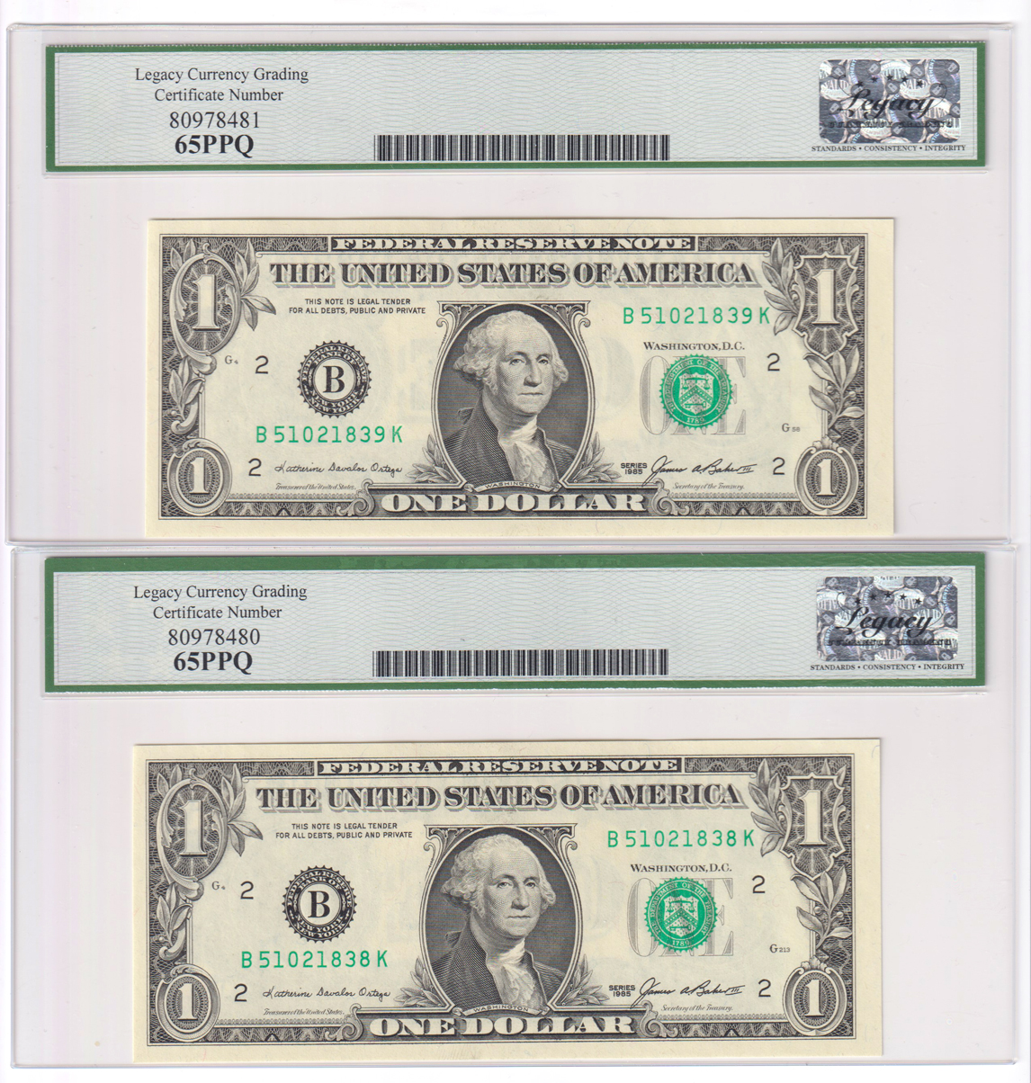 Error Currency - Two Sequential 1985 New York Federal Reserve Notes Fr# 1913-B Insufficient Inking of Back Printing - both Legacy GemCU-65 PPQ