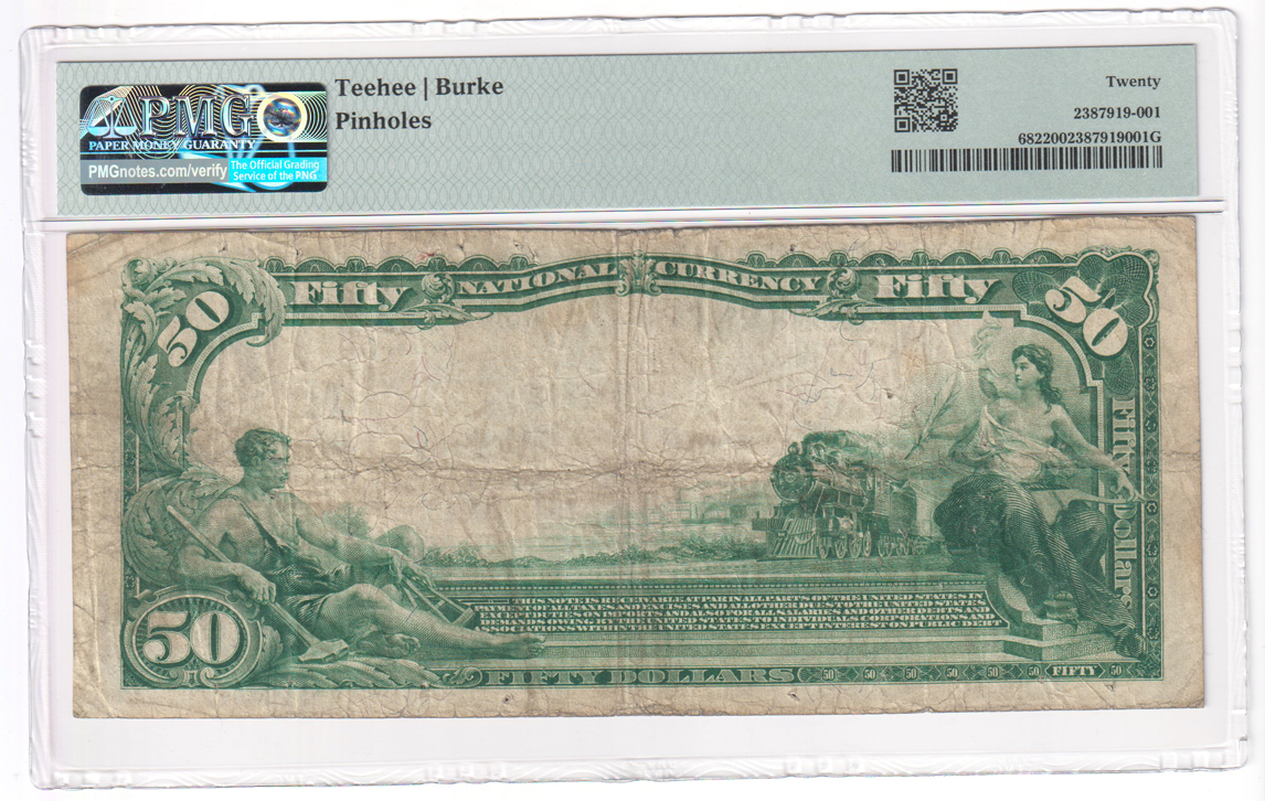 1902 $50 Blue Seal - Dubuque, IA Charter #2327 Bank Serial Number 333 - PMG VF-20/pinholes