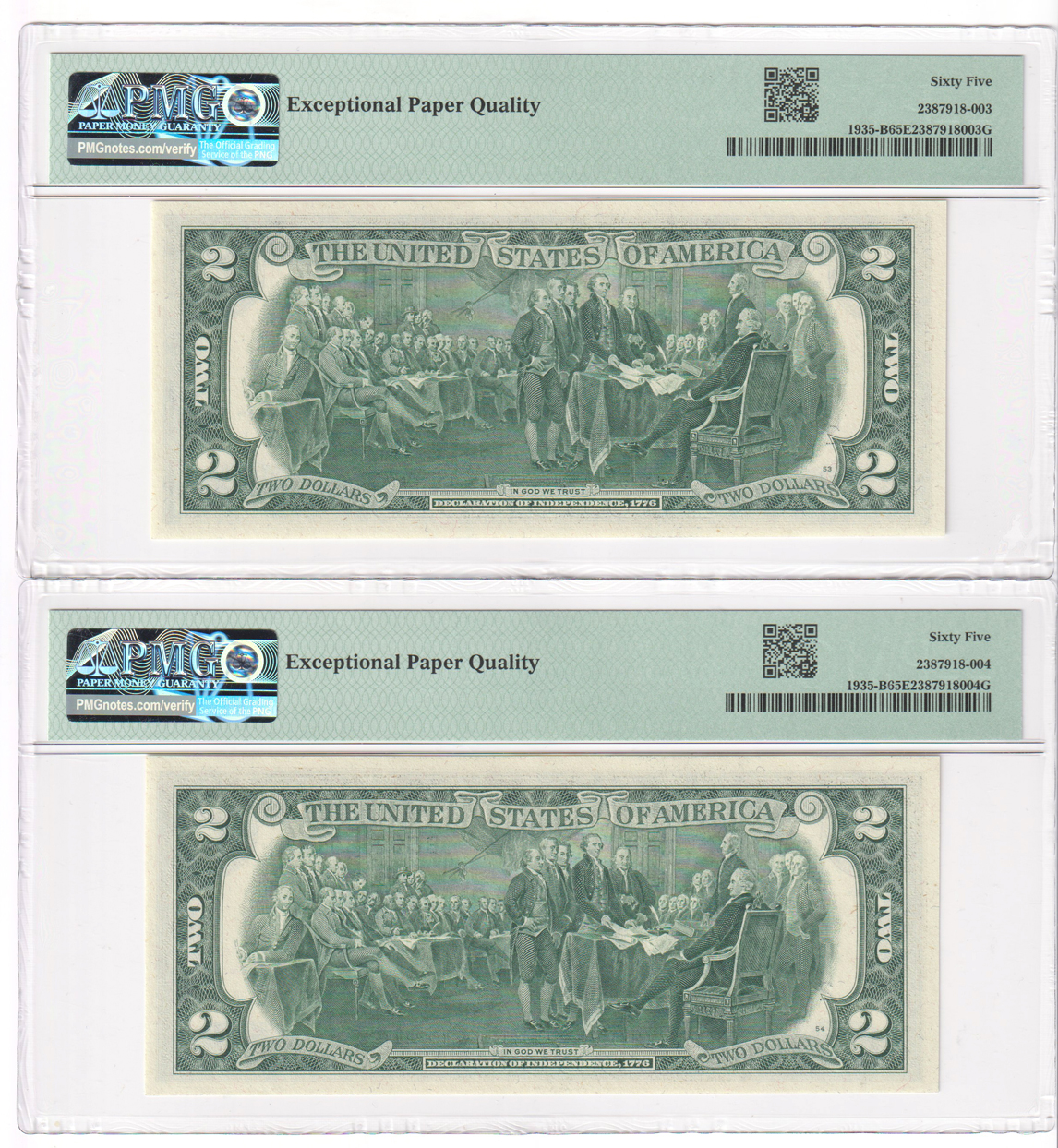 Error Currency - Two 1976 $2 New York Federal Reserve Notes Fr# 1935-B Mismatched Serial Numbers - both PMG GemCU-65 EPQ
