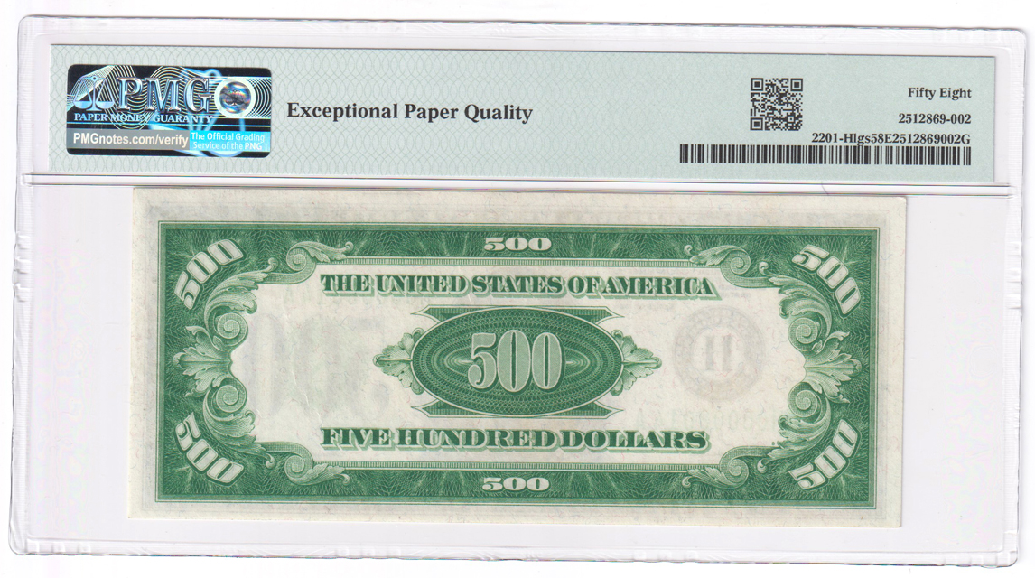 1934 $500 St. Louis Fr# 2201-Hlgs - PMG AU-58 23EPQ