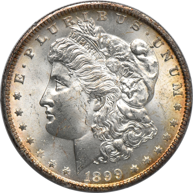 1899 Indian cent MS-64RD, 1879-S Morgan dollar MS-64PL, and an 1899-O MS-63, all PCGS (rattler)