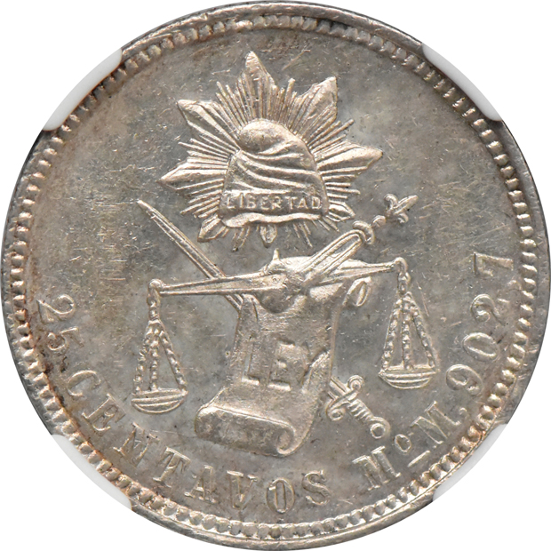 Mexico - 1887-Mo M 25C MS-62, 1888-Mo M 25C MS-63, and an 1889-Mo M 25C MS-62, all NGC