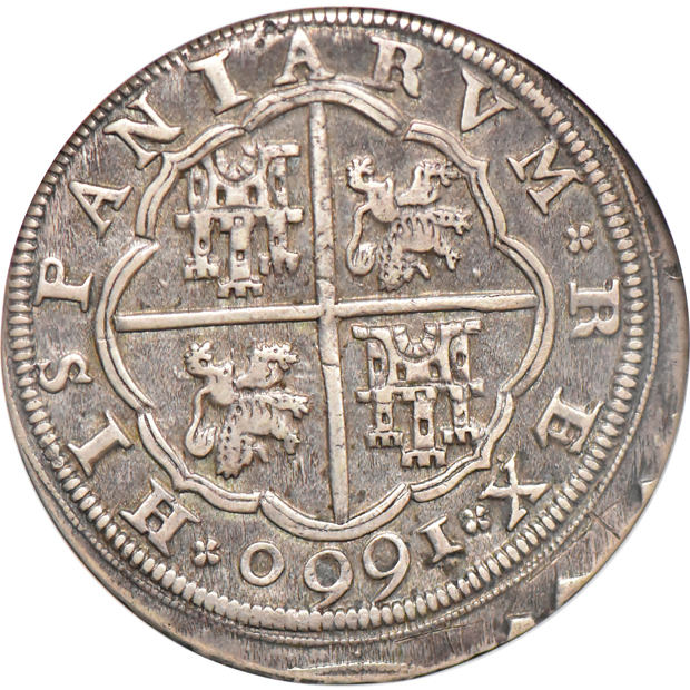 Spain - 1660-BR Segovia-Vertical Aqueduct 8 reales - NGC AU details/reverse scratch