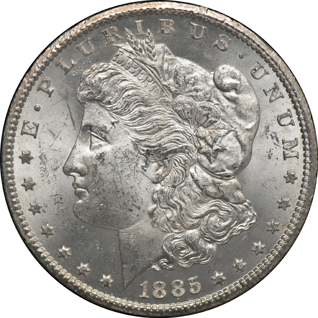 1880-CC GSA, 1881-CC GSA, and an 1885-CC GSA, all CACG MS-62