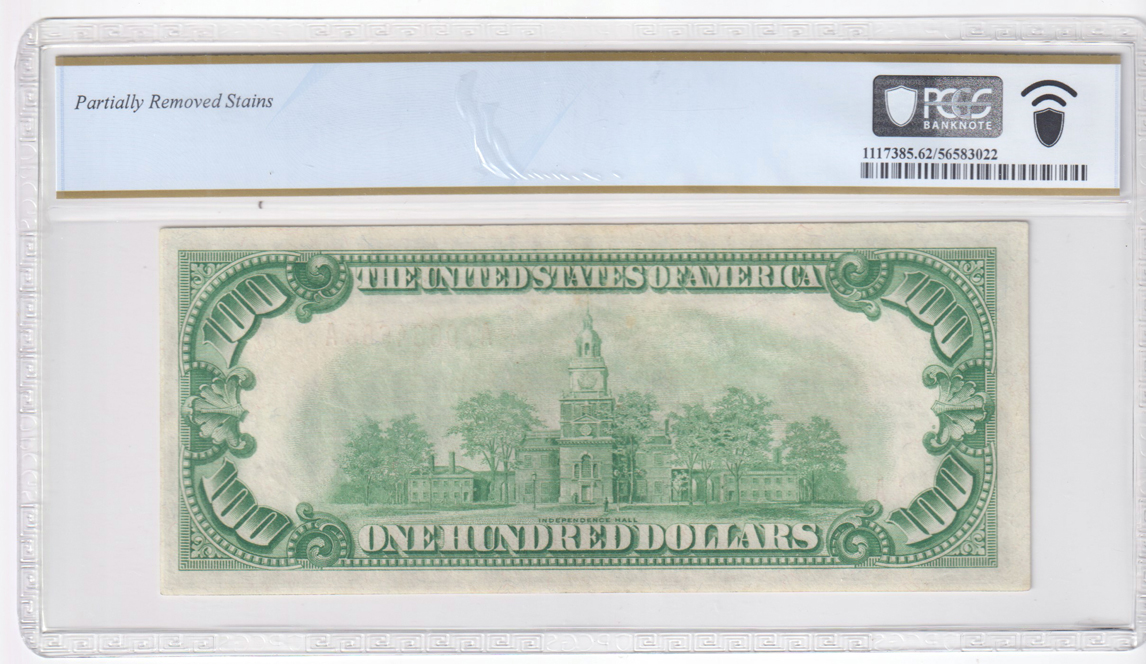 1928 $100 Fr# 2405 - PCGS CU-62/partially removed stains
