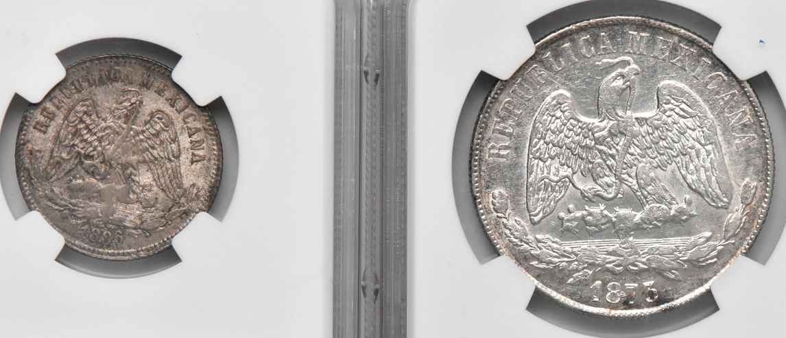 Mexico - 1873-Go S peso AU-58, and an 1886-Go R 25C MS-64+, both NGC