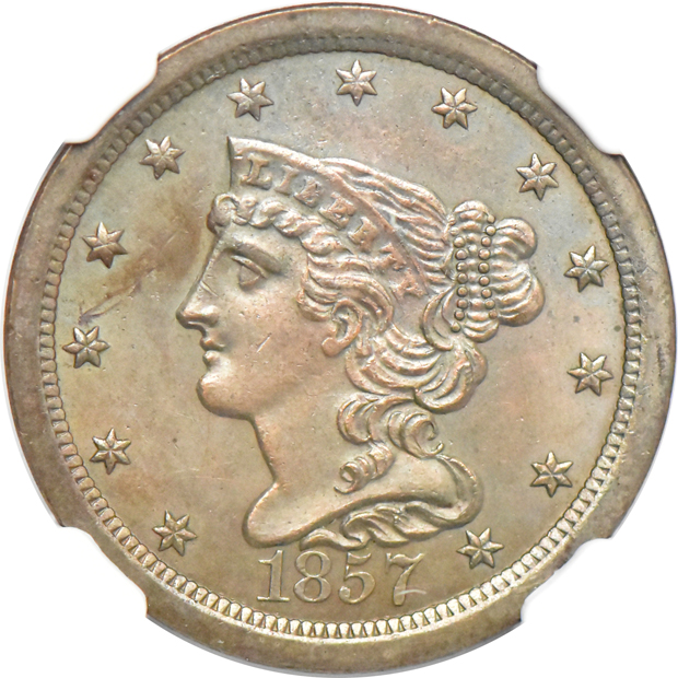 1856 PCGS MS-62BN, and an 1857 C-1 NGC UNC details/cleaned