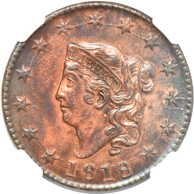 1818 UNC details/cleaned, and an 1818 UNC details/spot removed, both NGC
