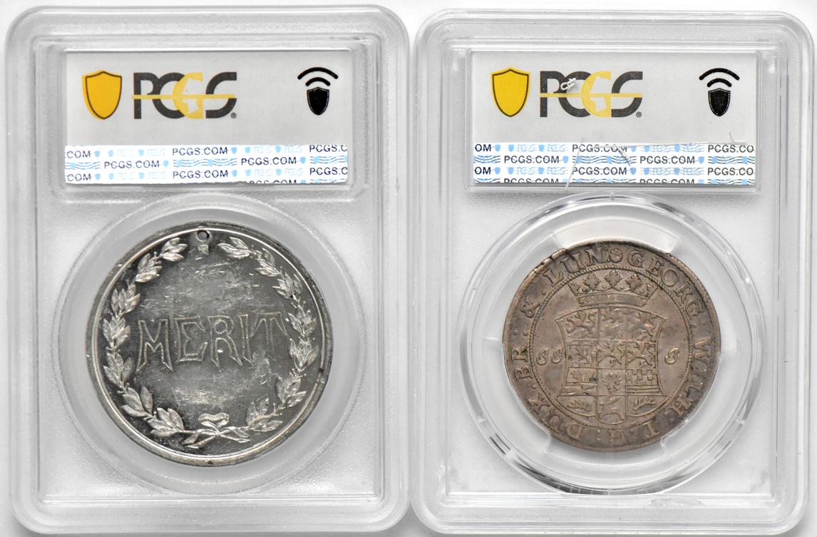 Multiple - Four medals and a 2/3 thaler, all PCGS
