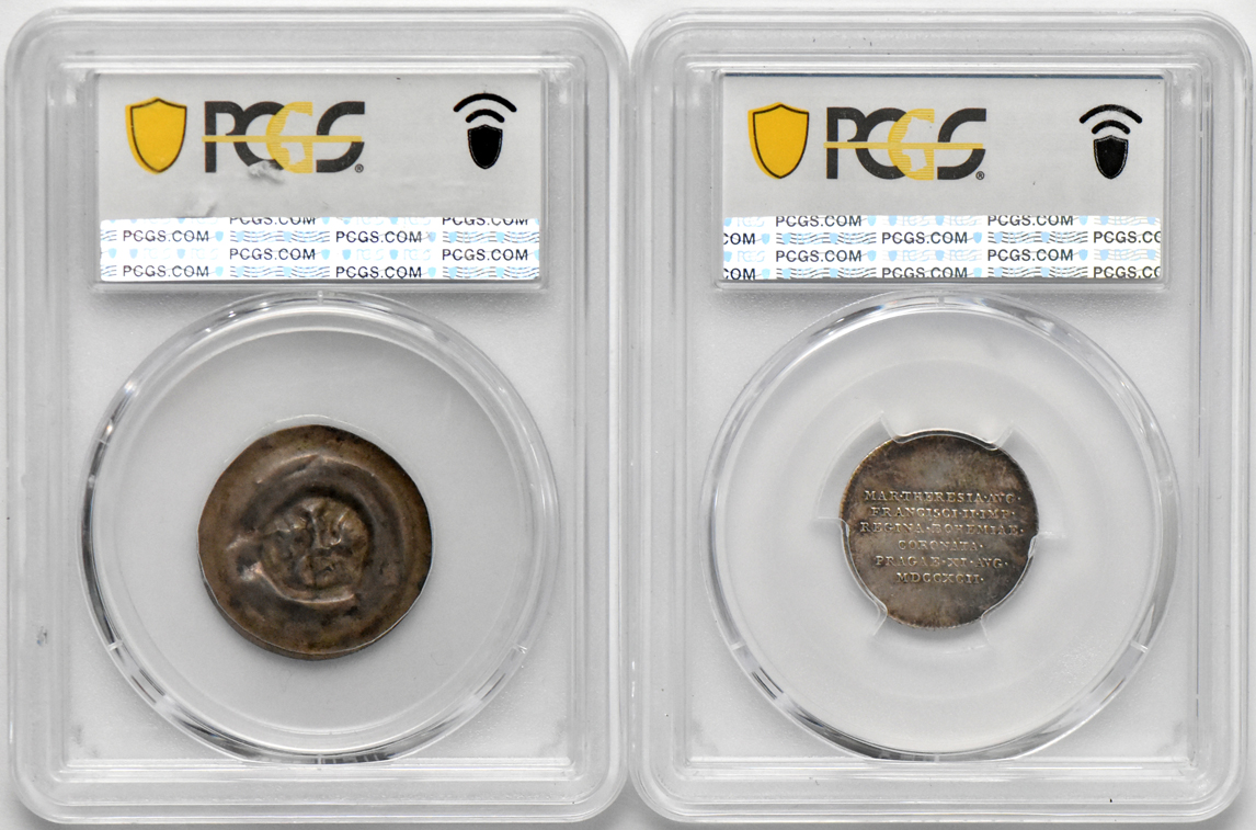 Multiple - Four medals and a 2/3 thaler, all PCGS