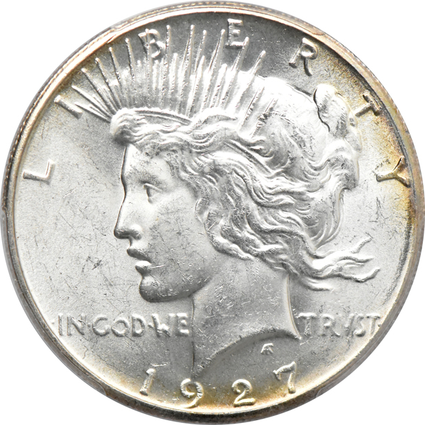 1922-D MS-64, 1923-S MS-64, and a 1927 MS-63 (damaged holder), all PCGS