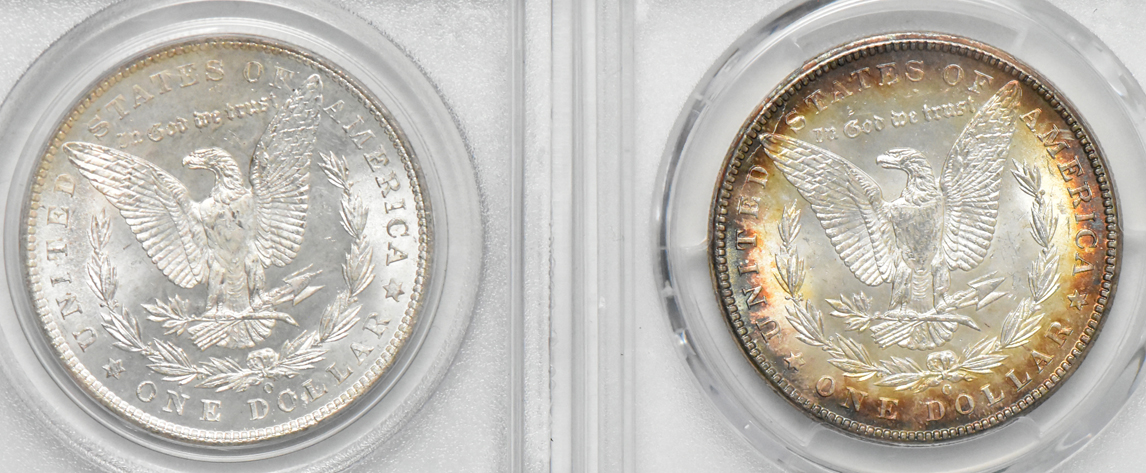 Five GEM Morgan dollars, all PCGS