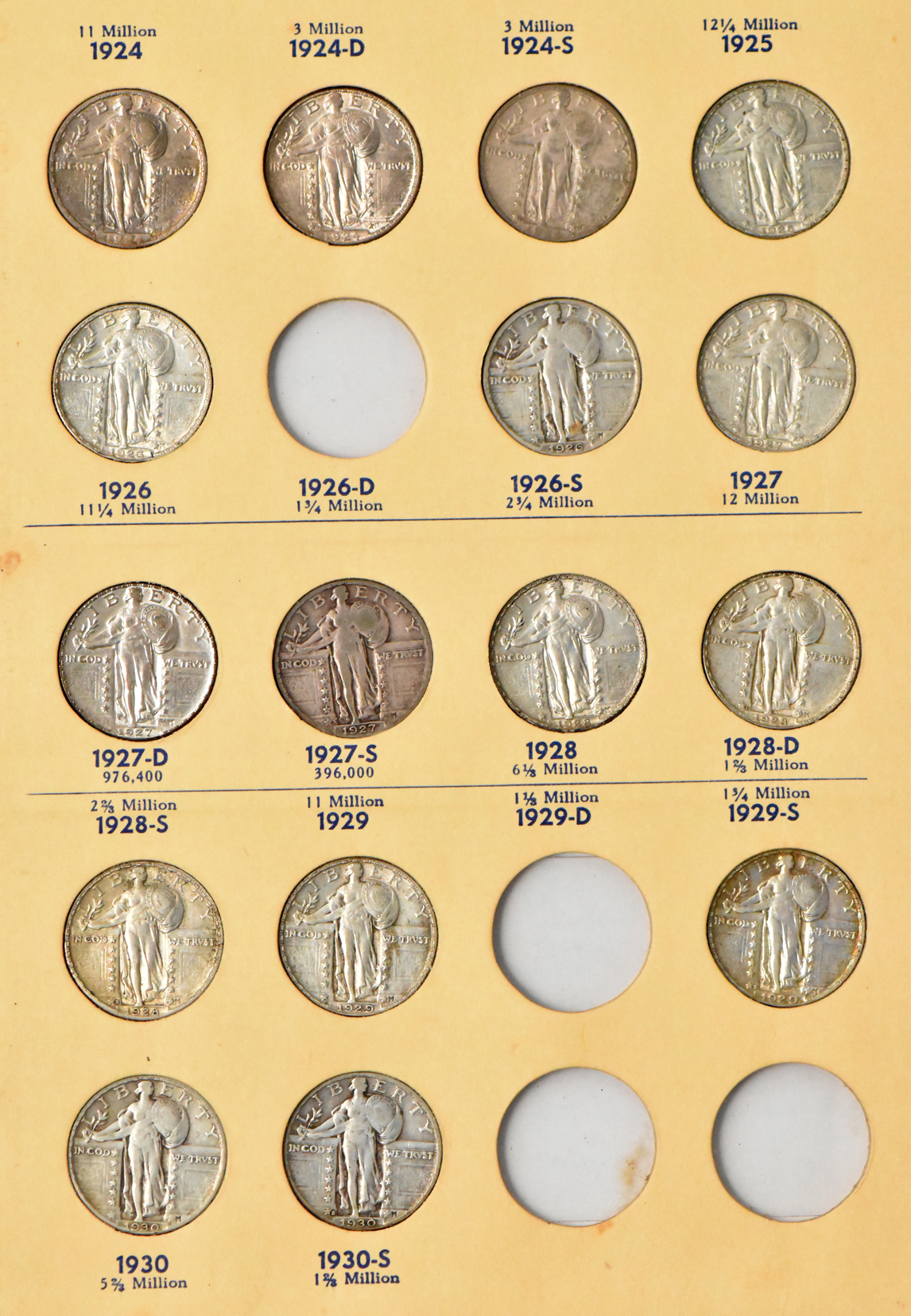 Collection of 29 different Standing Liberty quarters in a Library of Coins VOL. 14 album