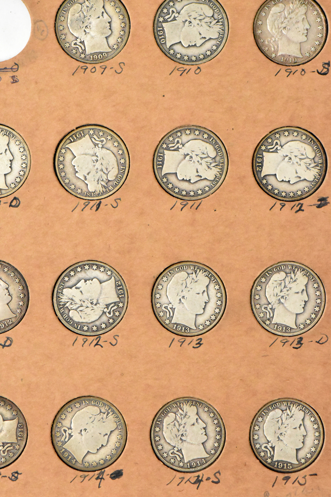 Collection of 47 different Barber half dollars in a The National Coin Album