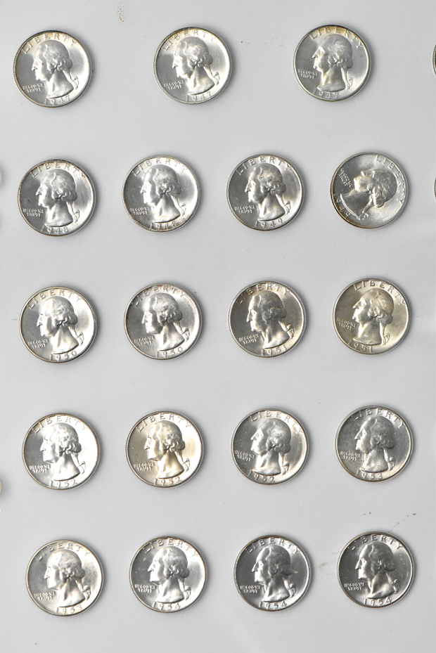Collection of 72 different Washington quarters in a The National Coin Album