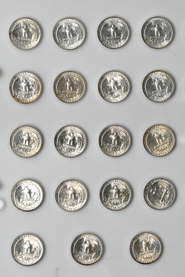 Collection of 72 different Washington quarters in a The National Coin Album