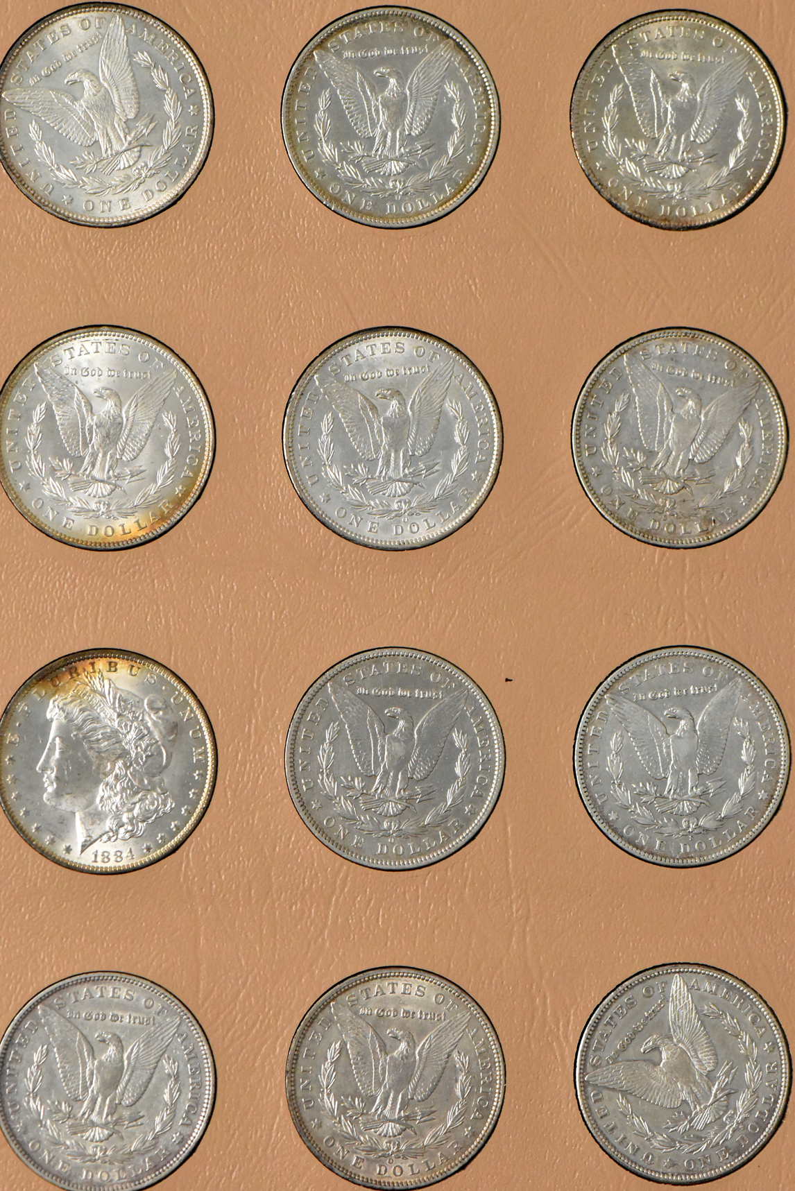Collection of Morgan and Peace silver dollars in a single Dansco album