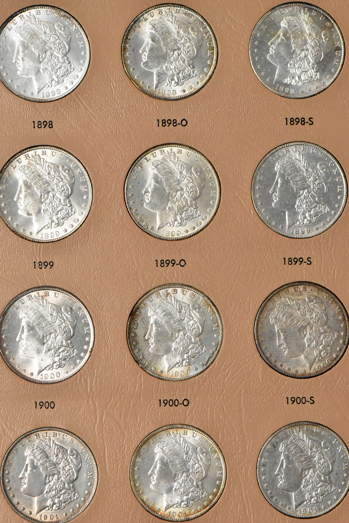 Collection of Morgan and Peace silver dollars in a single Dansco album