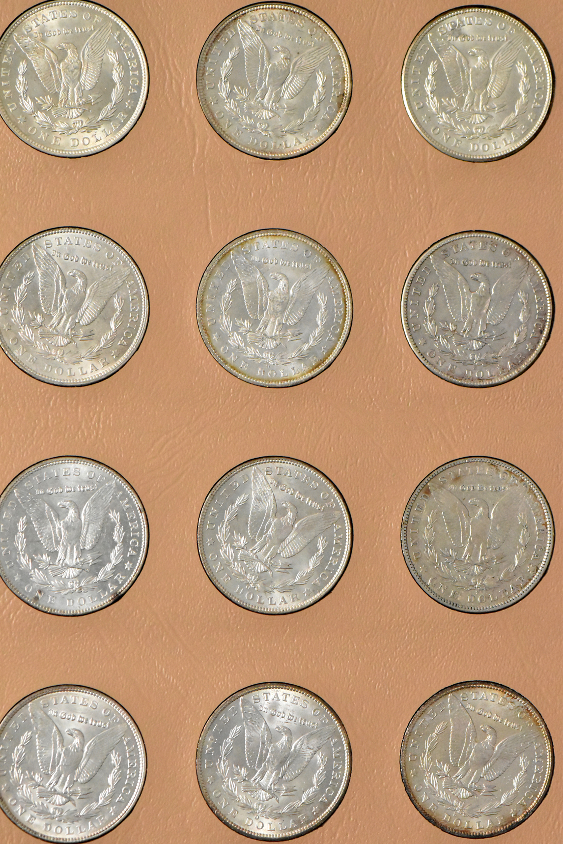 Collection of Morgan and Peace silver dollars in a single Dansco album