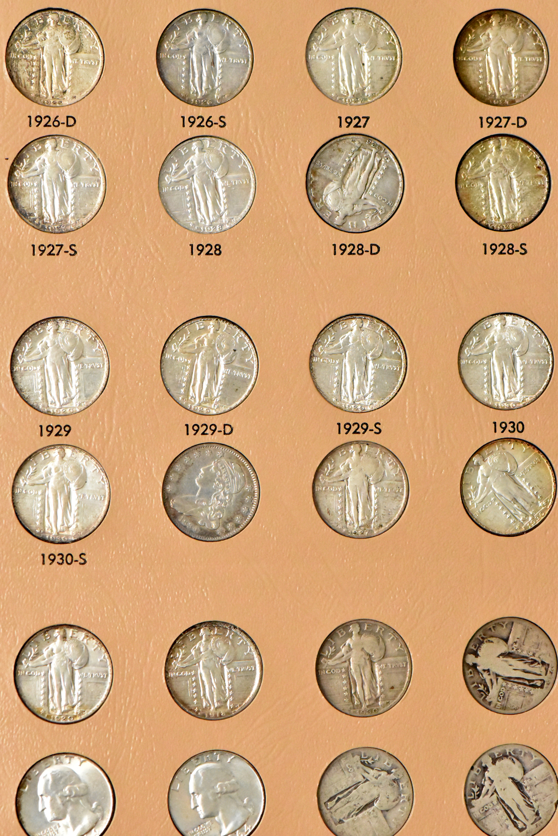 Collection of Standing Liberty quarters, plus extras, in a complete Dansco 7132 album